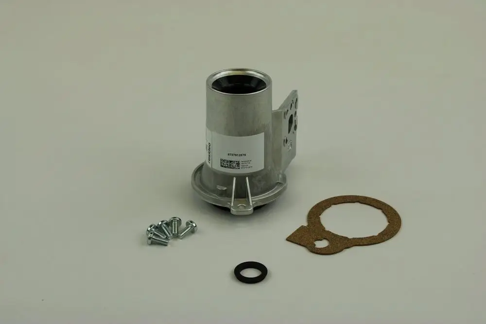 BOSCH Produktbestandteil: zylindrischer Venturi-Ventil mit Montageplatte, Gasket, und mehreren Schrauben auf hellem Hintergrund.
